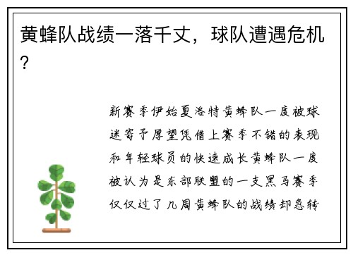 黄蜂队战绩一落千丈，球队遭遇危机？